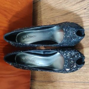 Black sequined Le Chateau peep-toe heels